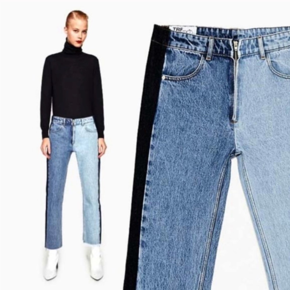 ZARA TRF DENIM IX’D MAKERS two-toned colorblock jeans with zipper